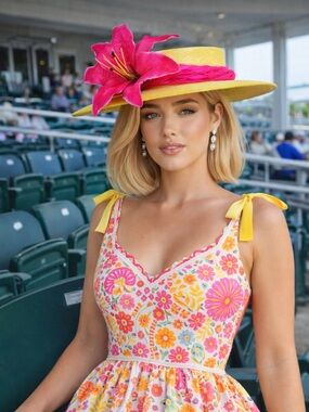 New Kentucky Derby Oaks Yellow Stargazer Pink Lily Wide Brim Boater Sinamay Hat